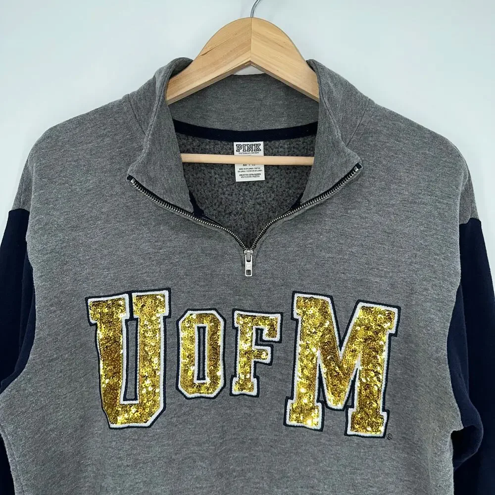 PINK University of Michigan Sweatshirt Half Zip Sequin Logo Pullover Sweatshirt